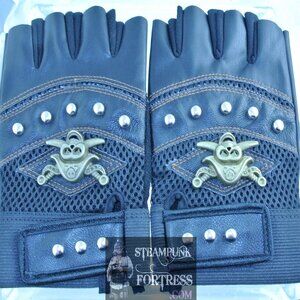 BLACK FAUX LEATHER VEGAN BRASS PIRATE CROSSED SWORDS STUDS FINGERLESS GLOVES